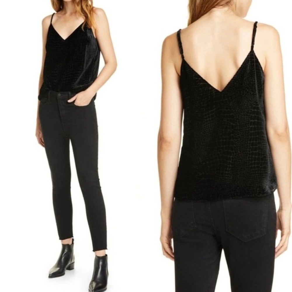 FRAME Cami Tank Top Women's Medium Black Straps Velvet Burnout Croc Witchy - Picture 2 of 11